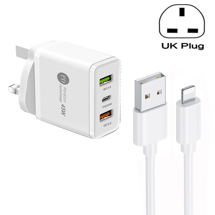 45W PD25W + 2 x QC3.0 USB Multi Port Charger with USB to 8 Pin Cable, UK Plug, UK Plug + USB to 8 Pin Cable